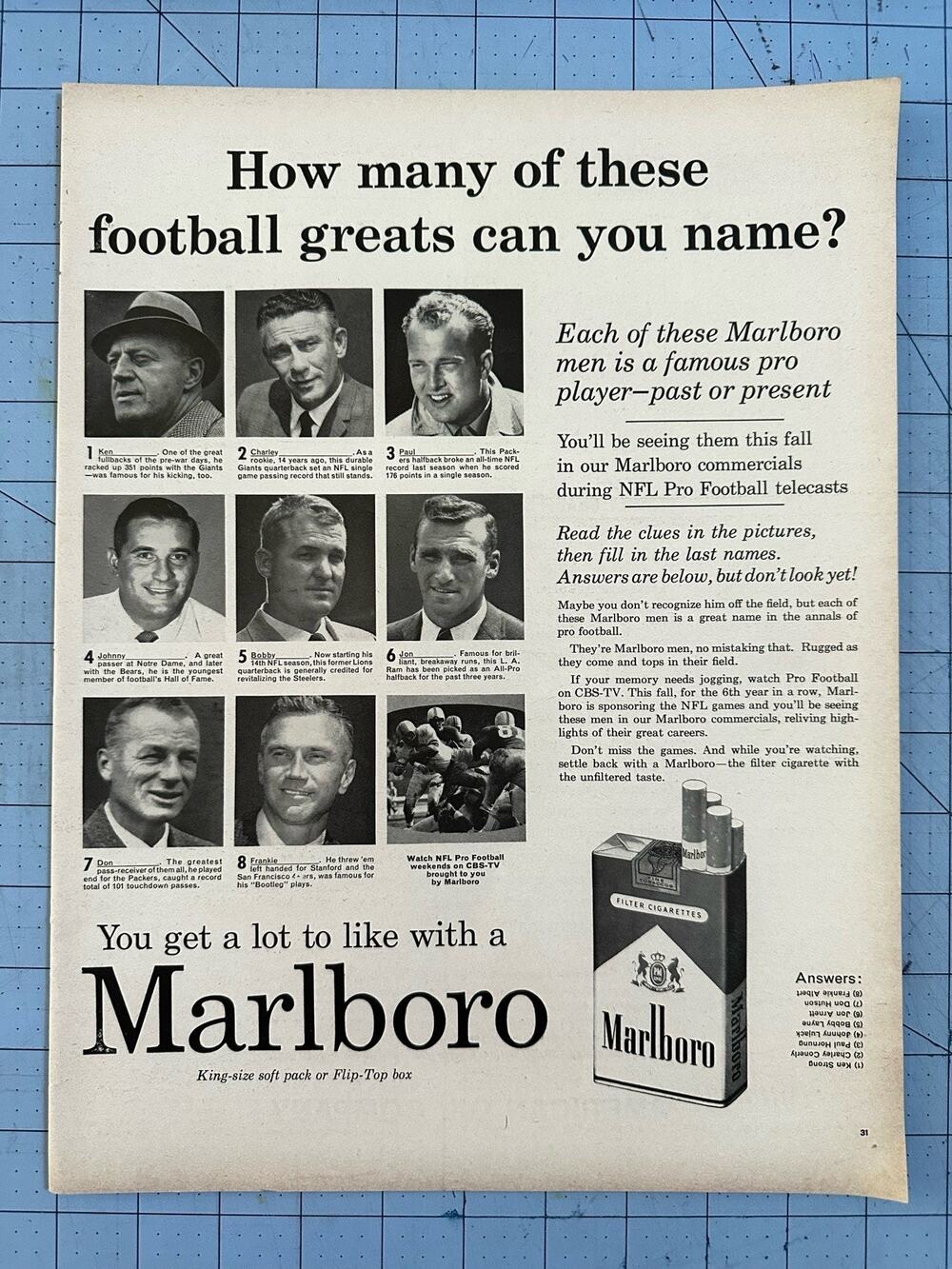 1961 Marlboro: Football Greats Can You Name Vintage Print Ad